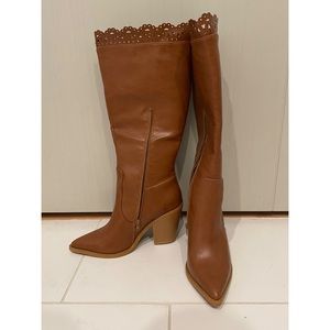 Brown Heeled Boots w/ Lacy Detail trim